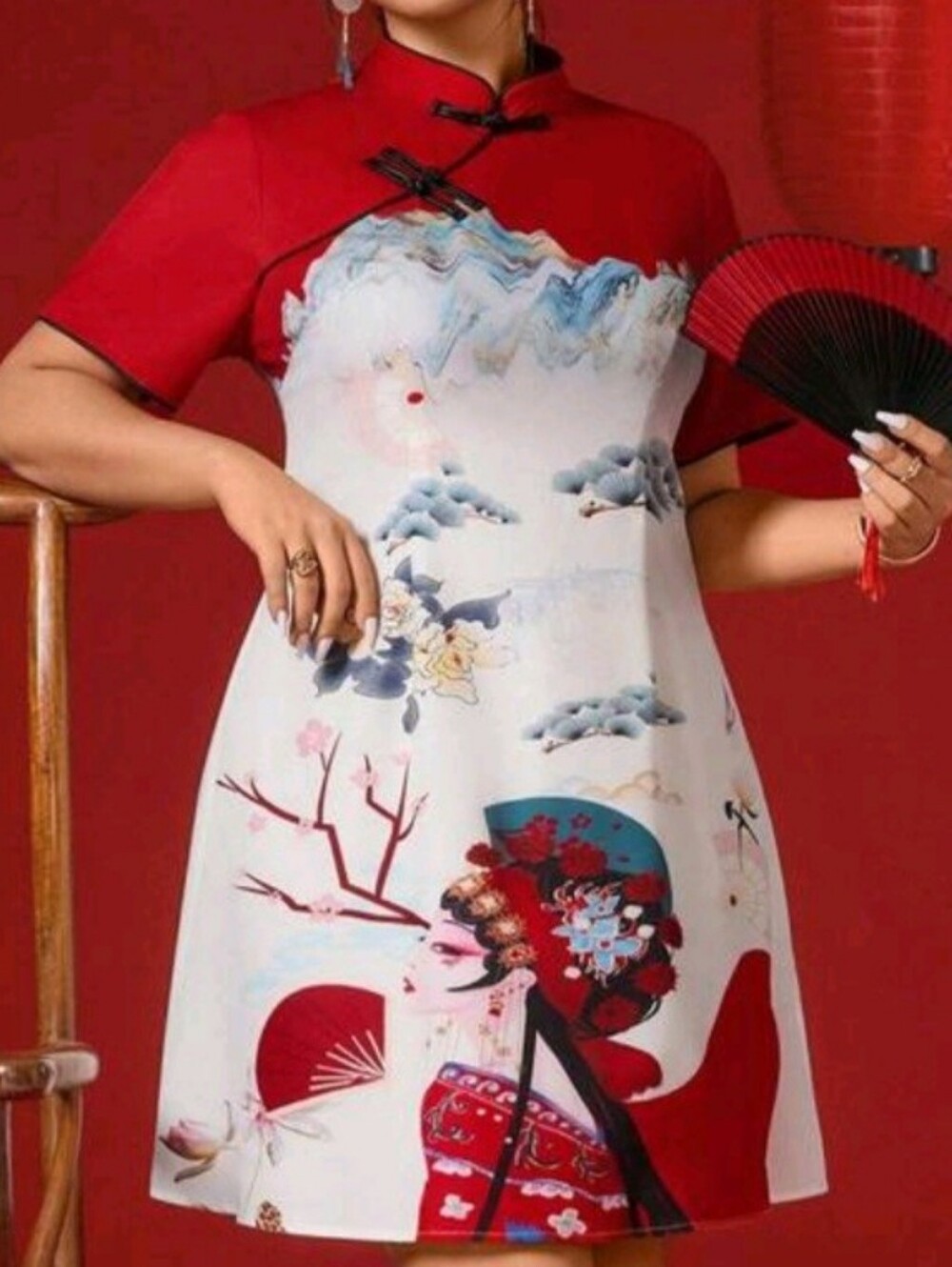 SHEIN Red and White Floral Landscape Cheongsam-Inspired Mini Dress - Picture 2 of 9